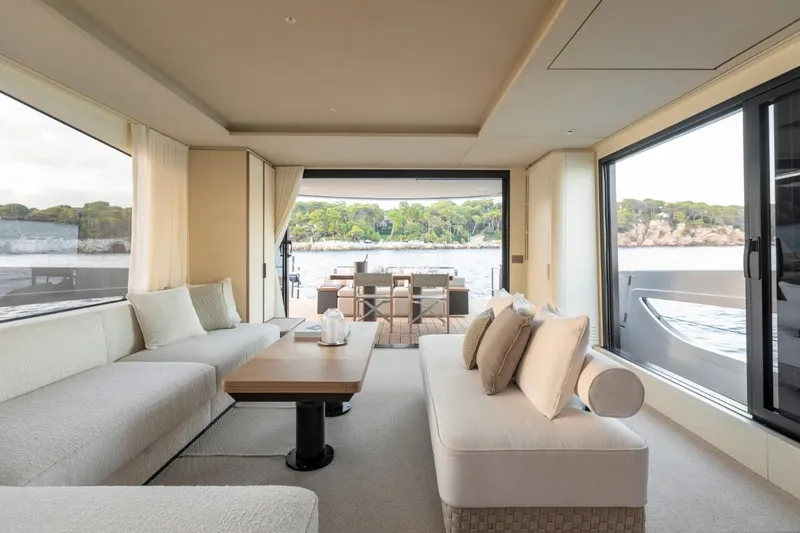  Yacht Photos Pics Luxurious interior of 2024 Azimut Seadeck 7 yacht with elegant seating and scenic views.