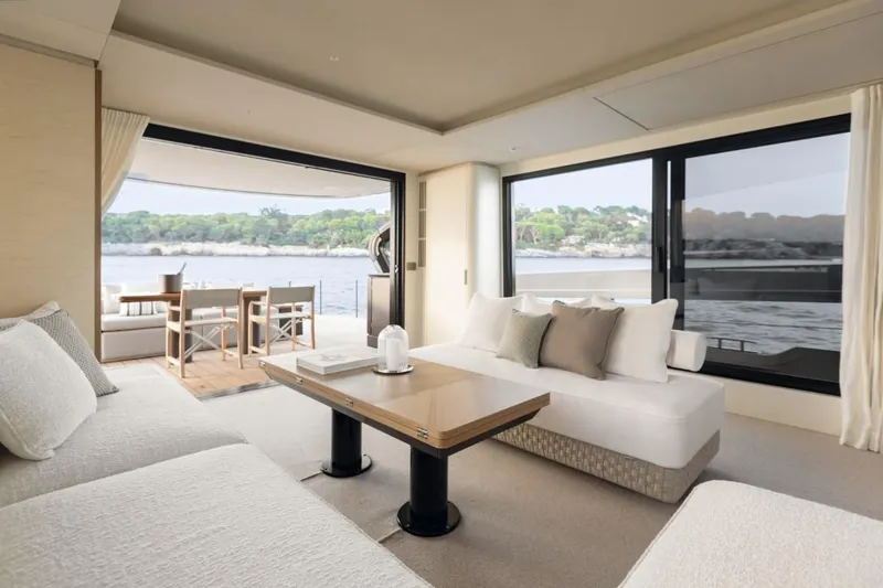  Yacht Photos Pics Luxurious interior of 2024 Azimut Seadeck 7 yacht with elegant seating and scenic views.