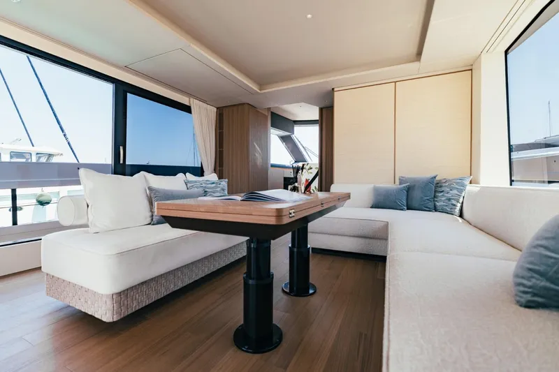  Yacht Photos Pics Luxurious interior of 2025 Azimut Seadeck 7 yacht with elegant seating and modern design.