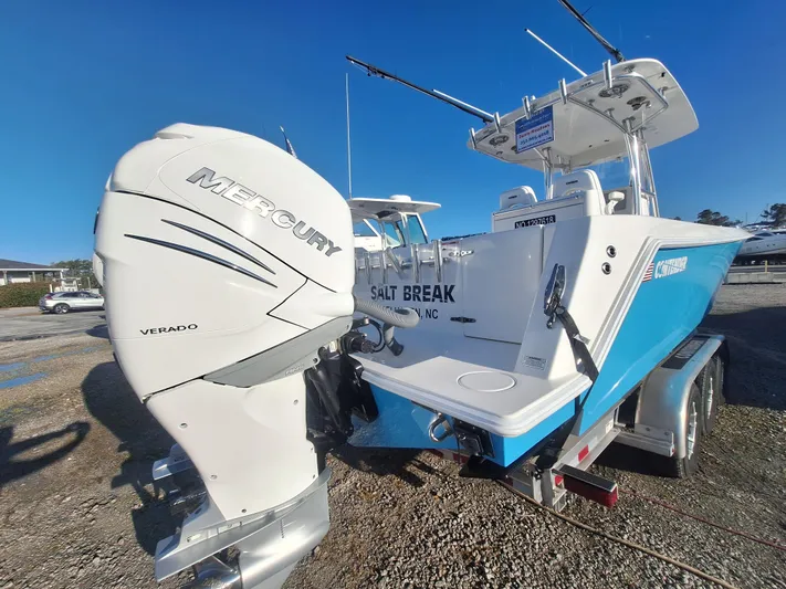 Salt Break Yacht Photos Pics 2020 Contender 32T boat with Mercury Verado engine, parked on a trailer.