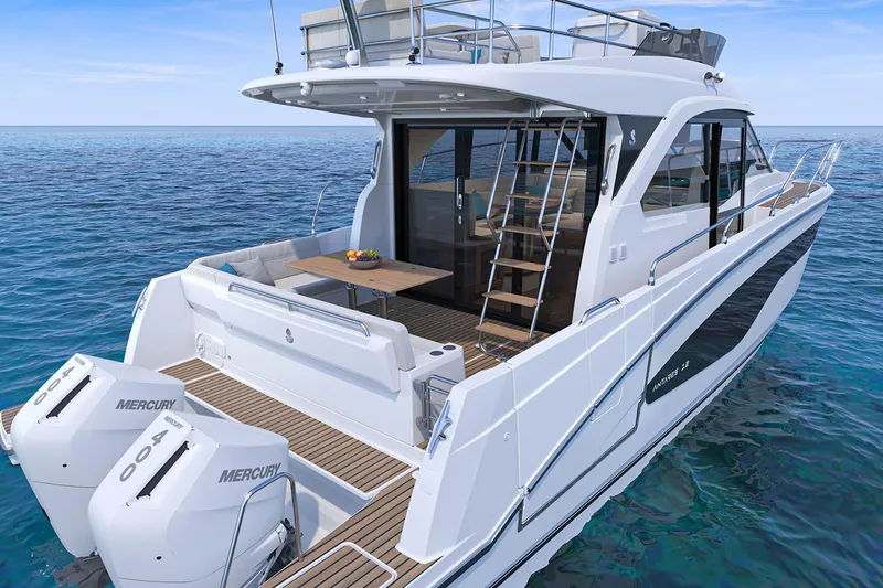 On Order Yacht Photos Pics Manufacturer Provided Image: 2025 Beneteau Antares 12 Fly yacht with dual Mercury engines on open sea.