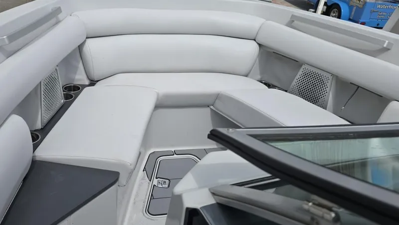  Yacht Photos Pics Luxurious seating area on a 2020 Aviara AV32 OB boat, featuring sleek white upholstery.