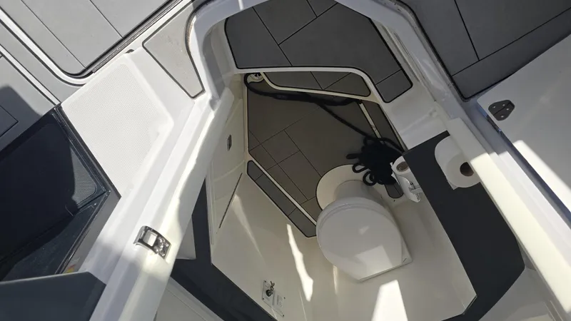  Yacht Photos Pics 2020 Aviara AV32 OB boat interior with modern bathroom amenities.