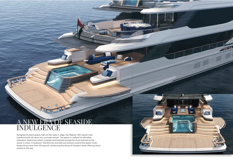 Order To Build Yacht Photos Pics Luxury Majesty 145 yacht, 2026 model, featuring elegant decks and a stunning seaside view.