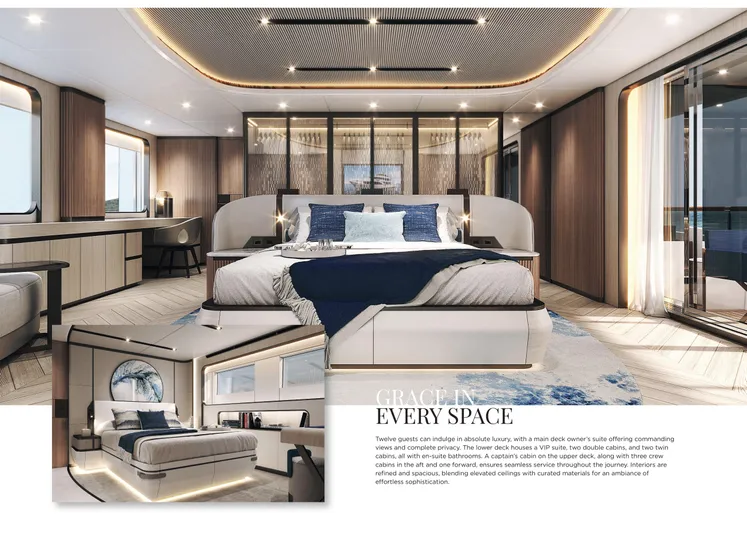 Order To Build Yacht Photos Pics Luxurious Majesty 145 yacht interior, 2026 model, featuring elegant bedroom with modern design and ambient lighting.
