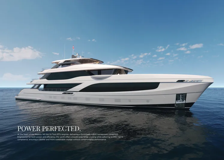 Order To Build Yacht Photos Pics Luxury yacht Majesty 145, 2026 model, cruising on calm ocean under clear blue sky.