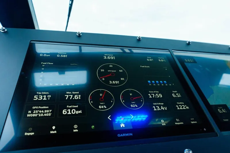  Yacht Photos Pics Dashboard of 2024 Cigarette 59 Tirranna displaying navigation and performance metrics.