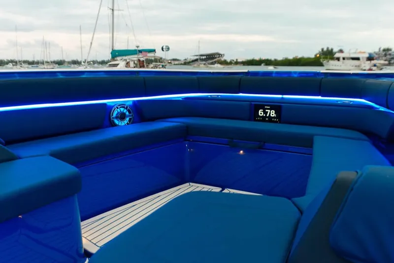  Yacht Photos Pics Luxurious interior of 2024 Cigarette 59 Tirranna boat with blue LED lighting.