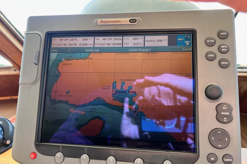 Grand Adventure Yacht Photos Pics Raymarine E120 navigation display on 1972 Hatteras 58 Yacht Fisherman, showing marine chart.