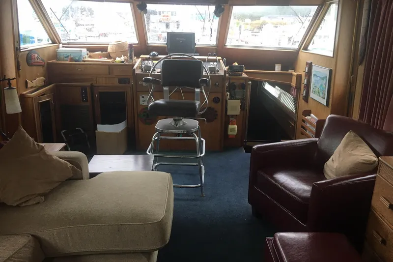 Grand Adventure Yacht Photos Pics 1972 Hatteras 58 Yachtfish interior with helm, seating, and nautical decor.