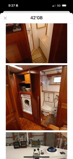  Yacht Photos Pics Interior of 1999 Grand Banks 42 Motoryacht with bathroom, laundry, and navigation equipment.