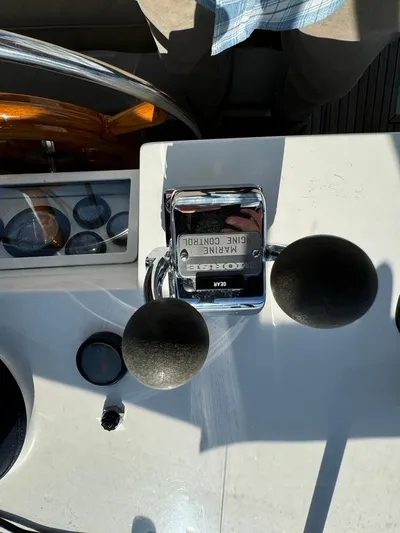  Yacht Photos Pics Control panel of a 1999 Grand Banks 42 Motoryacht with marine engine controls.