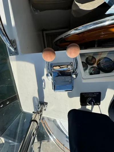  Yacht Photos Pics Control panel of a 1999 Grand Banks 42 Motoryacht with throttle and gauges.