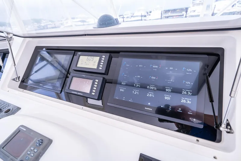  Yacht Photos Pics Control panel of a 2005 Viking 56 yacht with digital displays and navigation instruments.