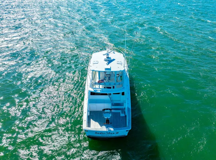 Sadie Ann II Yacht Photos Pics Aerial view of 2005 Ocean Yachts 50 Super Sport on open water.