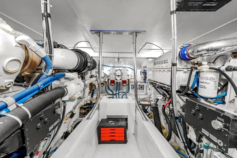 Sadie Ann II Yacht Photos Pics Engine room of 2005 Ocean Yachts 50 Super Sport, showcasing mechanical components and systems.