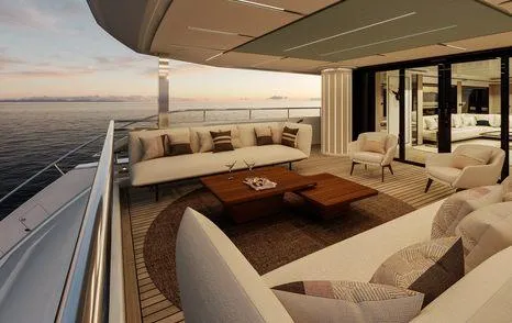 Build To Order Yacht Photos Pics Luxurious 2026 Majesty 112 Terrace yacht with elegant outdoor seating and ocean view.