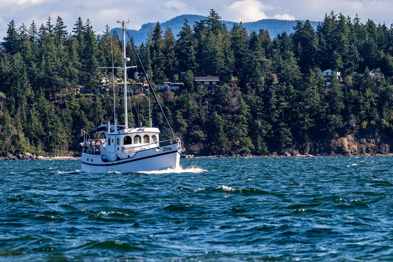 Zeta Yacht Photos Pics 2009 Diesel Duck 41-Plus boat cruising near forested shoreline.