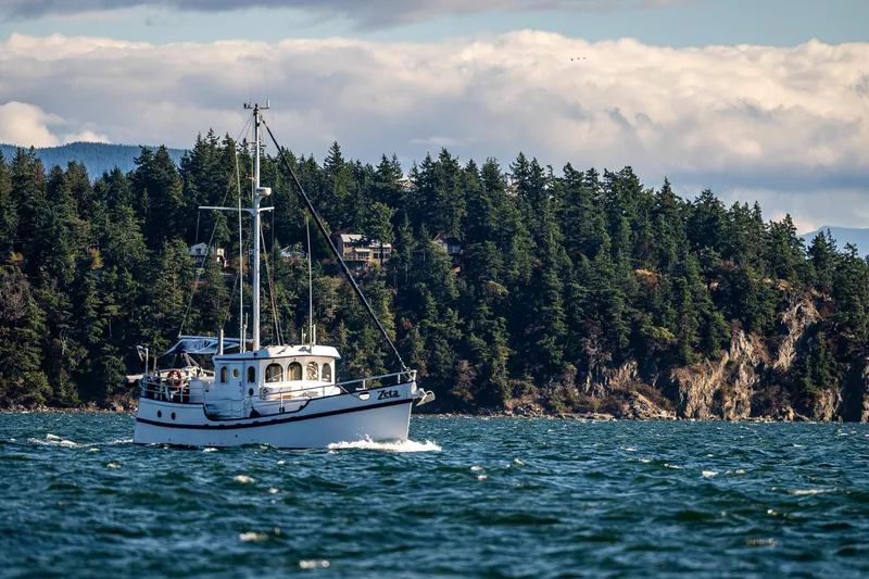 Zeta Yacht Photos Pics 2009 Diesel Duck 41-Plus boat sailing near a forested coastline under a cloudy sky.
