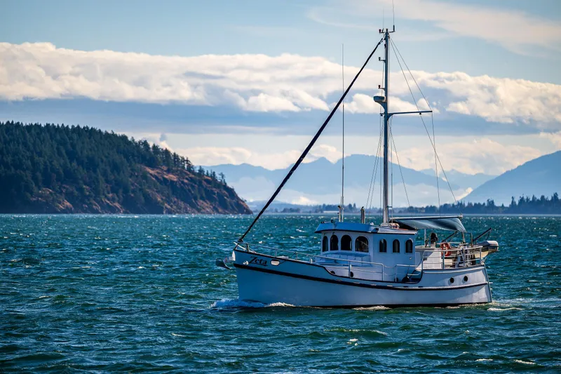 Zeta Yacht Photos Pics 2009 Diesel Duck 41-Plus boat sailing near scenic forested coastline.