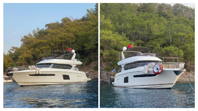  Yacht Photos Pics Luxury 2016 Prestige 620 yacht anchored near lush green shoreline.