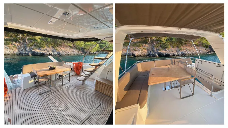  Yacht Photos Pics Luxurious 2016 Prestige 620 yacht with elegant outdoor seating and scenic water views.