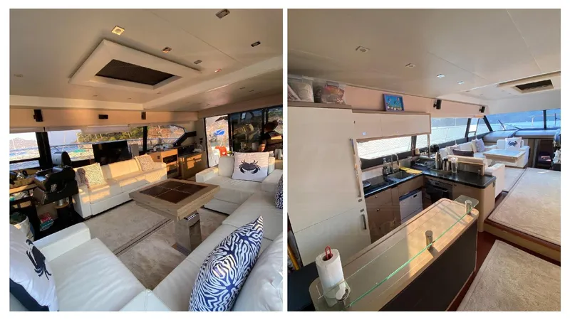  Yacht Photos Pics Luxurious interior of a 2016 Prestige 620 yacht with modern furnishings and spacious layout.