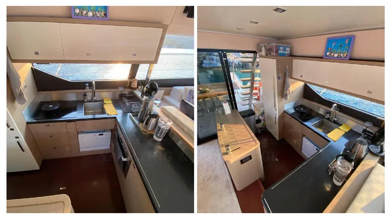  Yacht Photos Pics Luxurious kitchen interior of 2016 Prestige 620 yacht with modern appliances and sleek design.