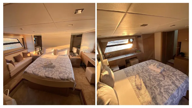  Yacht Photos Pics Luxurious interior of a 2016 Prestige 620 yacht, featuring elegant bedrooms with modern decor.