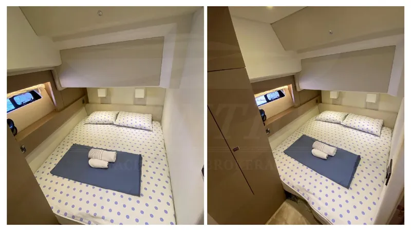  Yacht Photos Pics Luxurious bedroom interior of 2016 Prestige 620 yacht with cozy bedding and elegant design.