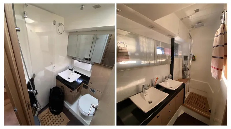  Yacht Photos Pics Luxurious bathroom interior of a 2016 Prestige 620 yacht, featuring modern fixtures and elegant design.