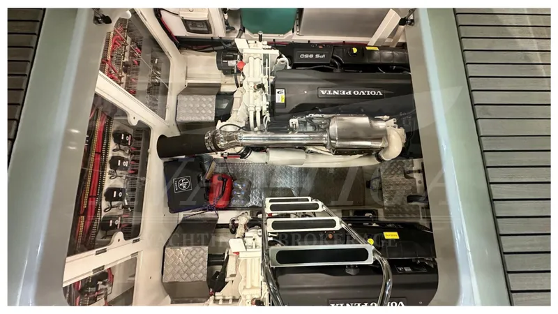  Yacht Photos Pics Engine room of a 2016 Prestige 620 yacht with Volvo Penta engines.