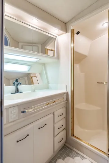 Too Many Options Yacht Photos Pics Luxurious bathroom in 1993 Sea Ray 550 Sedan Bridge yacht with shower and vanity.