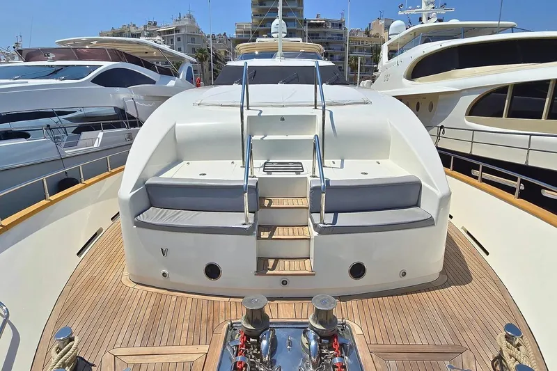 M/y Balkan Yacht Photos Pics Luxury Falcon 102 yacht deck, 2007 model, with sleek design and comfortable seating.