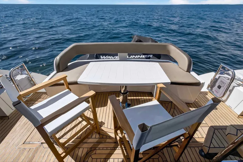 Mangogo Yacht Photos Pics Luxury deck seating on 2021 Galeon 500 Fly yacht with ocean view.