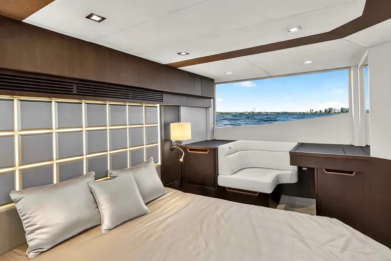 Mangogo Yacht Photos Pics Luxurious interior of 2021 Galeon 500 Fly yacht with ocean view.