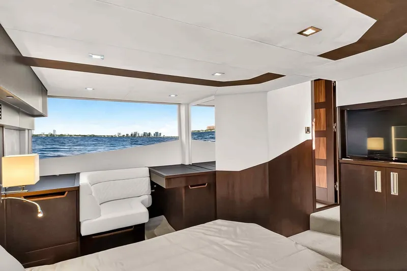 Mangogo Yacht Photos Pics Luxurious interior of 2021 Galeon 500 Fly yacht with ocean view and modern furnishings.