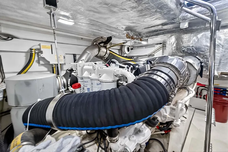 Mangogo Yacht Photos Pics Engine room of 2021 Galeon 500 Fly yacht, showcasing complex machinery and components.