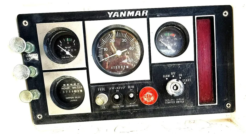 Sarah Yacht Photos Pics Yanmar engine control panel with gauges and switches, Cabo Rico Pearl Edition, 2000 model.