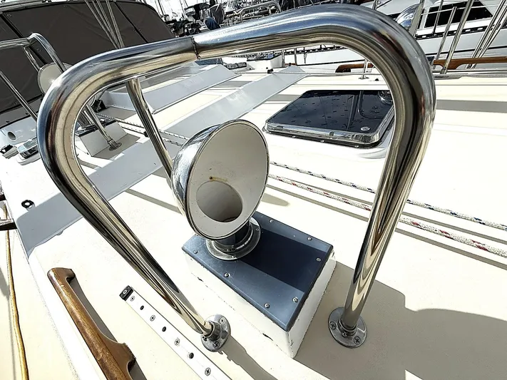 Sarah Yacht Photos Pics Cabo Rico Pearl Edition 2000 yacht deck with polished metal fittings and ventilation.