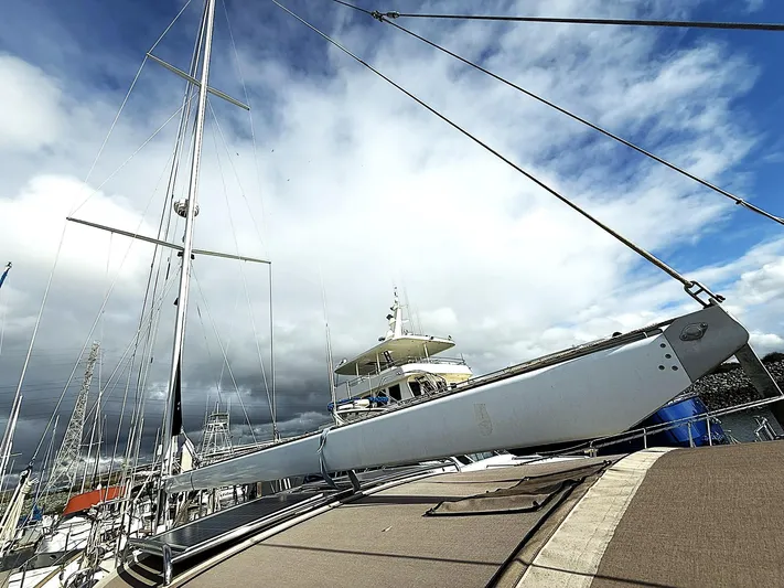 Sarah Yacht Photos Pics Sailboat docked under cloudy sky, Cabo Rico Pearl Edition Anniversary Special, 2000 model.