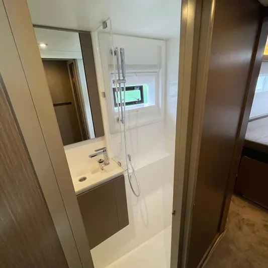 Leopard 40pc Yacht Photos Pics Modern bathroom interior on 2025 Leopard 40PC yacht, featuring sleek design and compact layout.