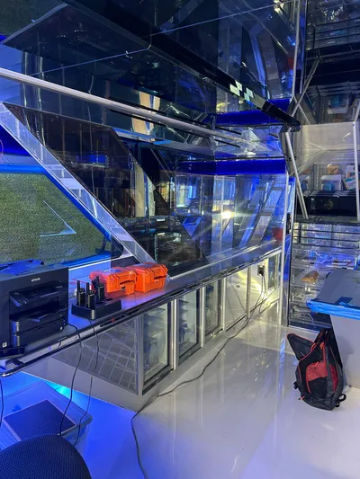 1992/2016 Heesen Motor Yacht Yacht Photos Pics Modern interior of 1992 Heesen 141 Motor Yacht with sleek design and blue lighting.