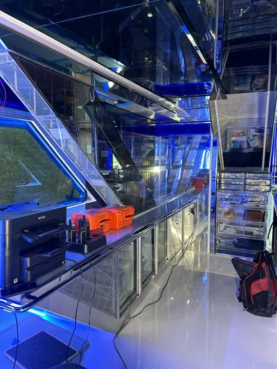 1992/2016 Heesen Motor Yacht Yacht Photos Pics Modern interior of 1992 Heesen 141 Motor Yacht with sleek design and blue lighting.