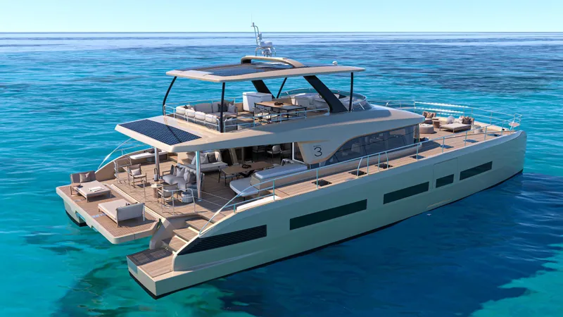  Yacht Photos Pics Luxurious 2026 Lagoon EIGHTY 3 yacht cruising on clear blue ocean waters.