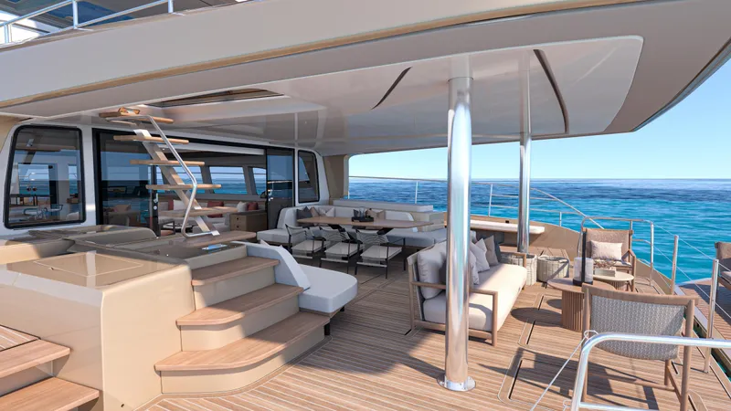  Yacht Photos Pics Luxurious Lagoon EIGHTY 3 yacht deck with elegant seating, ocean view, 2026 model.