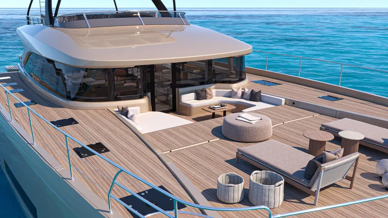  Yacht Photos Pics Luxurious Lagoon EIGHTY 3 yacht deck, 2026 model, with elegant seating and ocean view.