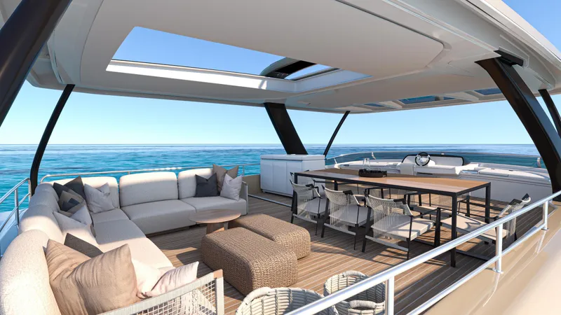  Yacht Photos Pics Luxurious Lagoon EIGHTY 3 yacht deck with elegant seating, dining area, and ocean view, 2026 model.
