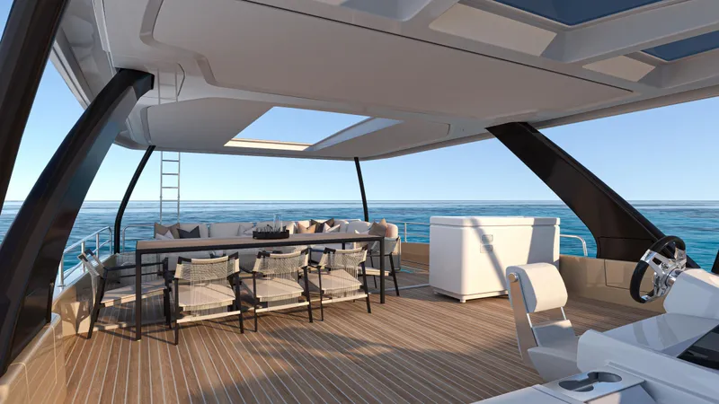  Yacht Photos Pics Luxurious Lagoon EIGHTY 3 yacht interior, 2026 model, featuring elegant seating and ocean views.