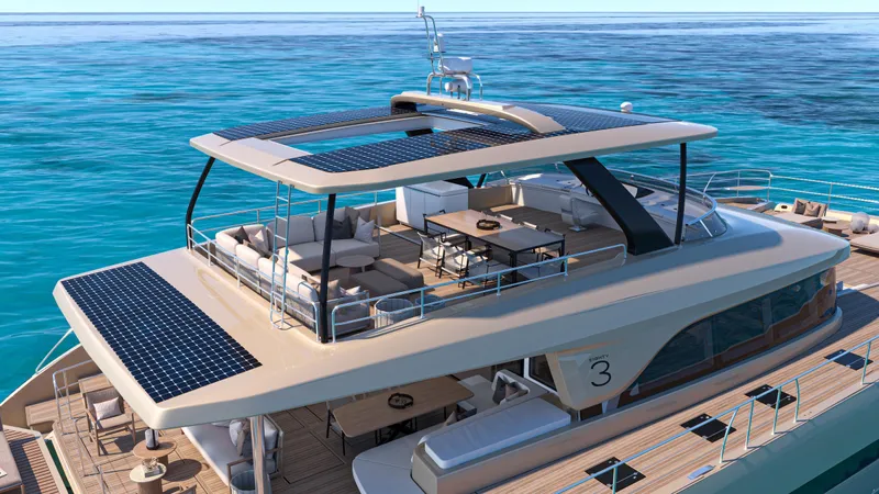  Yacht Photos Pics Luxurious 2026 Lagoon EIGHTY 3 yacht with solar panels on a serene ocean.